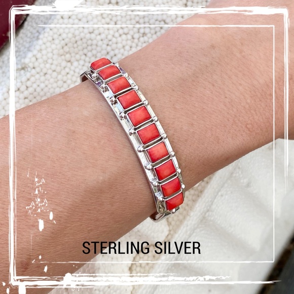 Red Coral Sterling Silver Row Cuff Bracelet - Picture 5 of 11